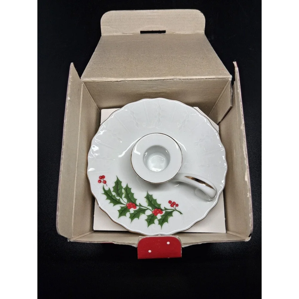 All The Trimmings Holiday Holly Porcelain Candle Holders Set of 2 Japan gold Trm